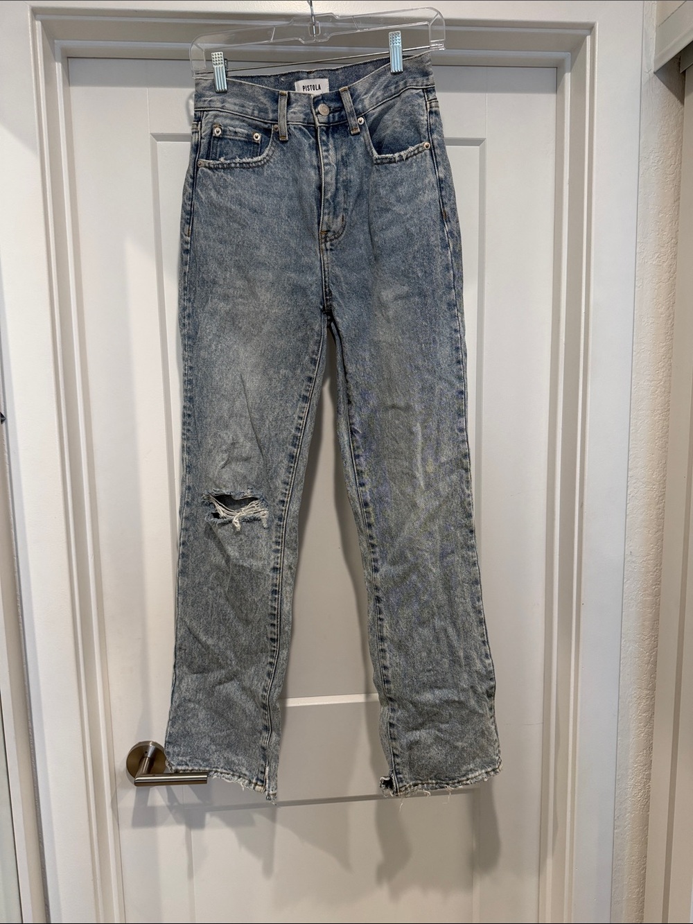MOTHER Light Gray Straight-Leg Distressed Jeans